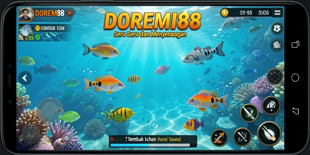 Screenshot gameplay DOREMI88 dengan aksi tembak ikan yang seru.
