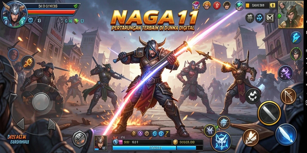 Gambar tampilan gameplay NAGA11 menampilkan karakter bertarung di arena yang dramatis.