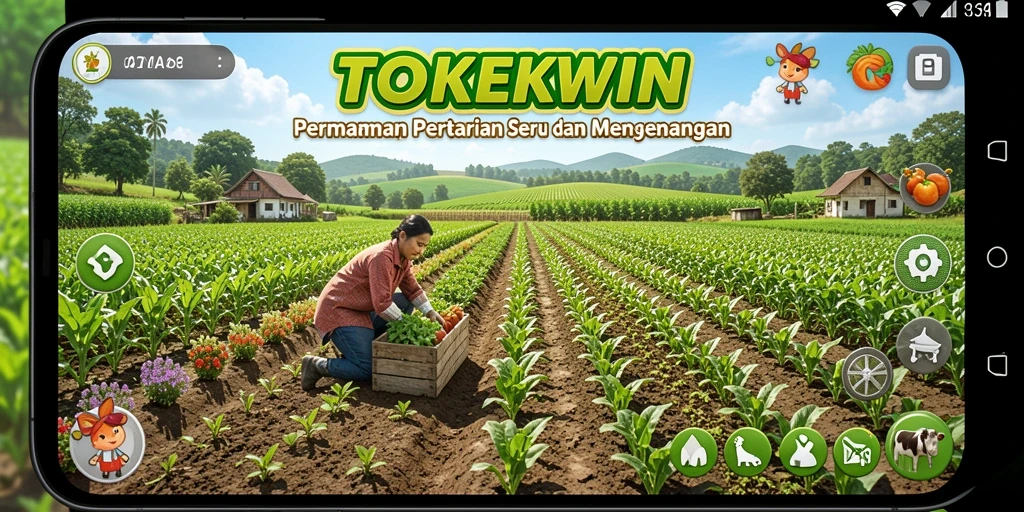 Tampilan permainan TOKEKWIN yang menarik dengan aktivitas pertanian.